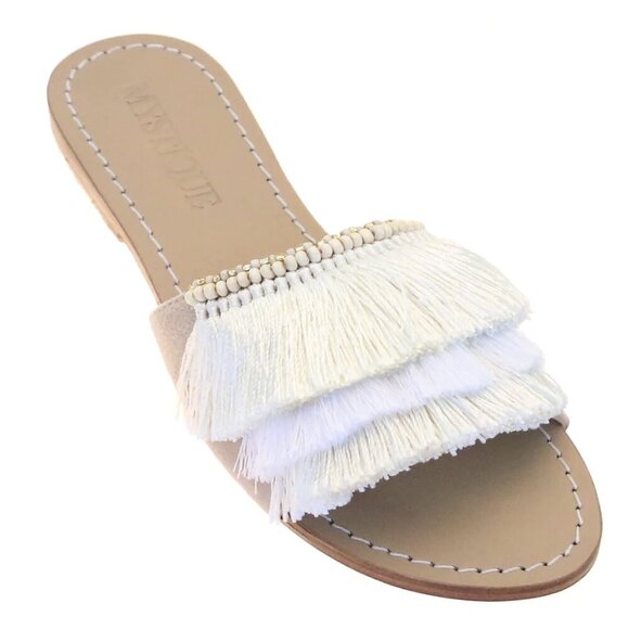 MYSTIQUE Caracas Fringed Leather Slip On Slide Sandals in Beige Beach Size US 7 - Picture 1 of 12